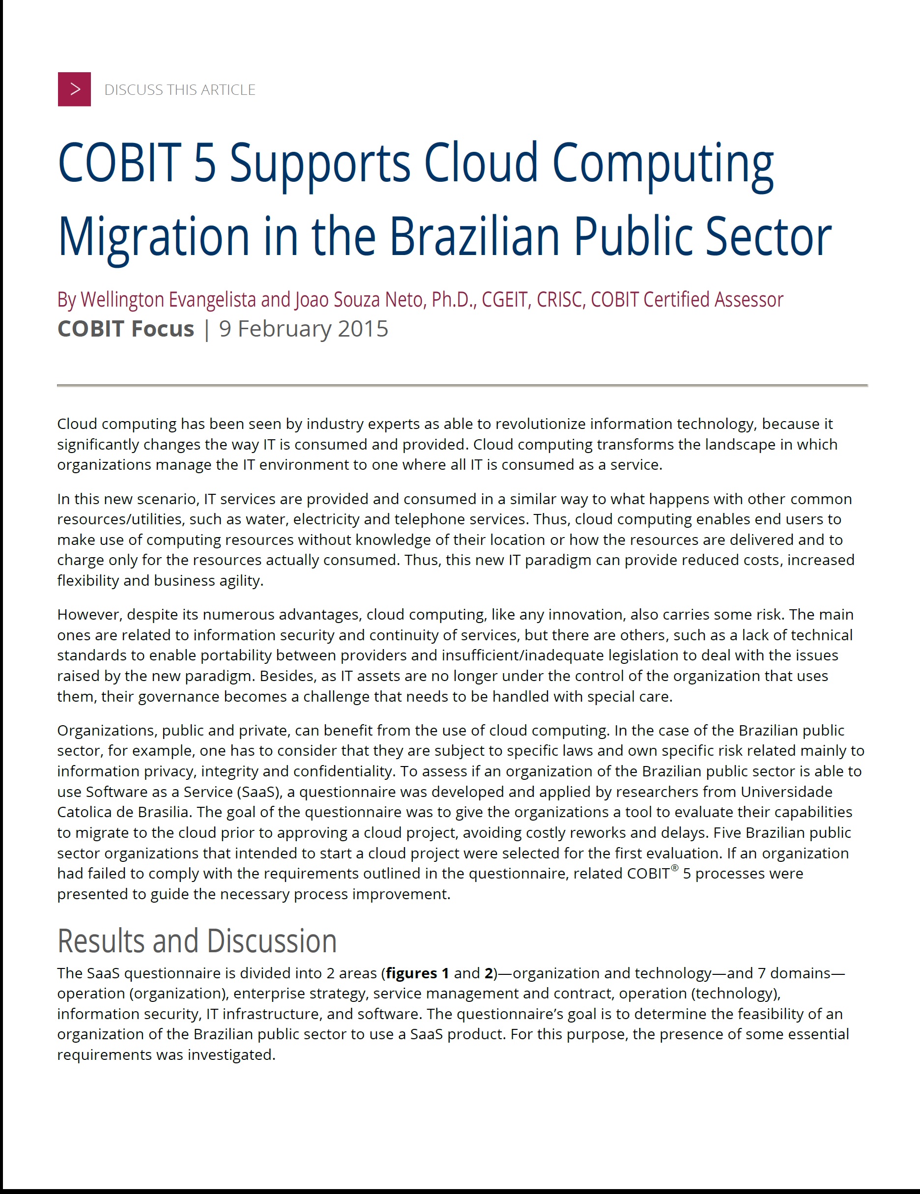 COBIT 5 Supports Cloud Computing Migration in the Brazilian Public Sector